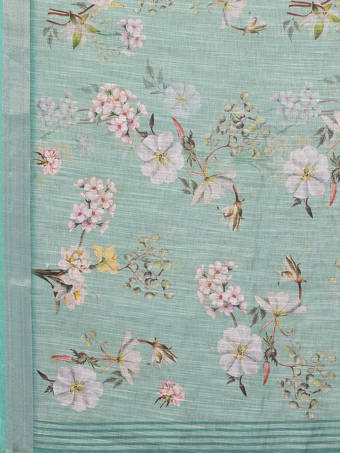 Sage Green Linen Blend Floral Printed Daily Wear Saree with Blouse Piece