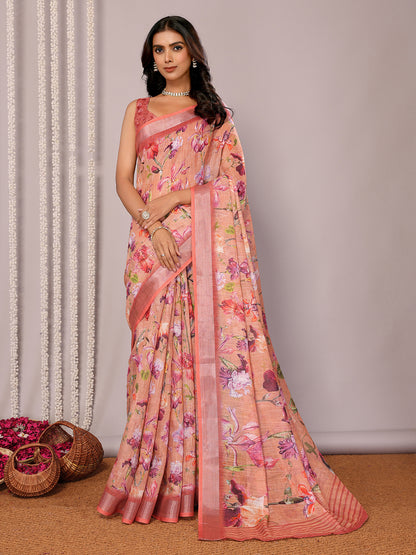 Peach Linen Blend Floral Printed Daily Wear Saree with Blouse Piece