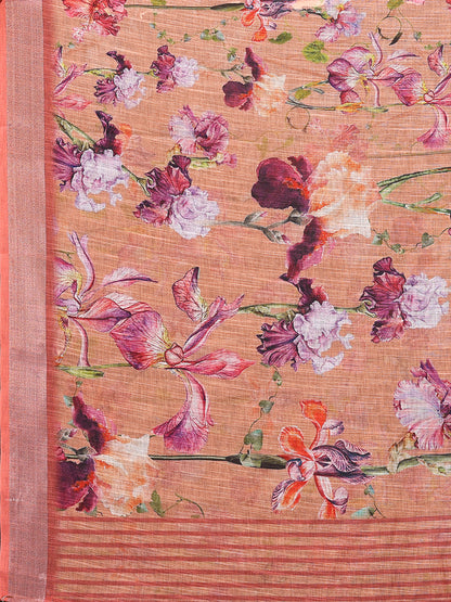 Peach Linen Blend Floral Printed Daily Wear Saree with Blouse Piece