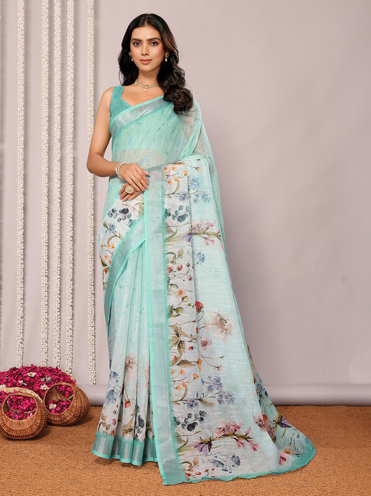 Sea Green Linen Blend Floral Printed Daily Wear Saree with Blouse Piece