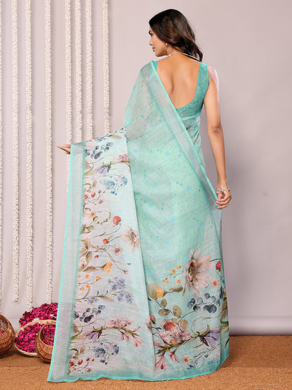 Sea Green Linen Blend Floral Printed Daily Wear Saree with Blouse Piece