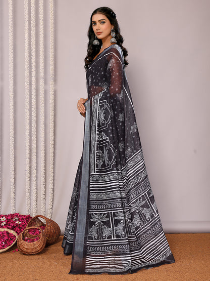 Black Linen Blend Polka Printed Daily Wear Saree with Blouse Piece