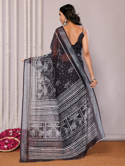 Black Linen Blend Polka Printed Daily Wear Saree with Blouse Piece