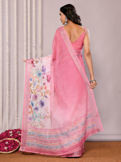 Pink Linen Blend Floral Printed Daily Wear Saree with Blouse Piece
