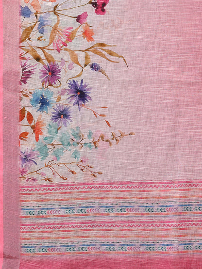 Pink Linen Blend Floral Printed Daily Wear Saree with Blouse Piece
