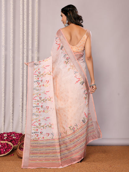 Peach Linen Blend Floral Printed Daily Wear Saree with Blouse Piece