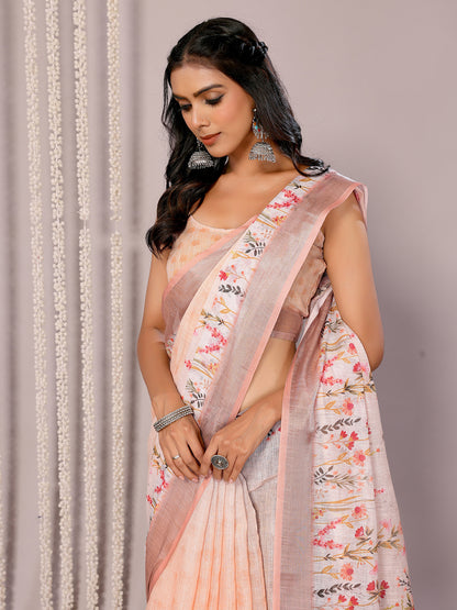 Peach Linen Blend Floral Printed Daily Wear Saree with Blouse Piece