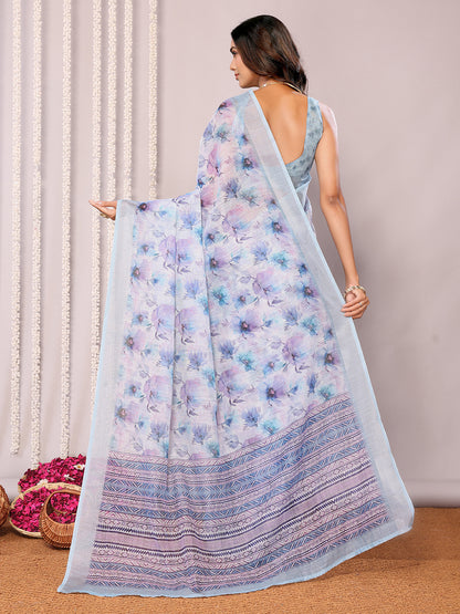 Light Blue Linen Blend Floral Printed Daily Wear Saree with Blouse Piece