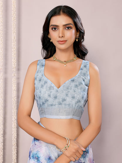 Light Blue Linen Blend Floral Printed Daily Wear Saree with Blouse Piece
