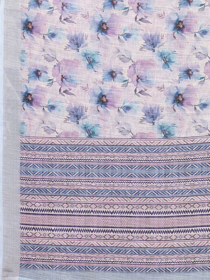 Light Blue Linen Blend Floral Printed Daily Wear Saree with Blouse Piece