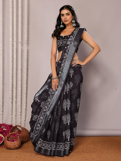 Black Linen Blend Floral Printed Daily Wear Saree with Blouse Piece