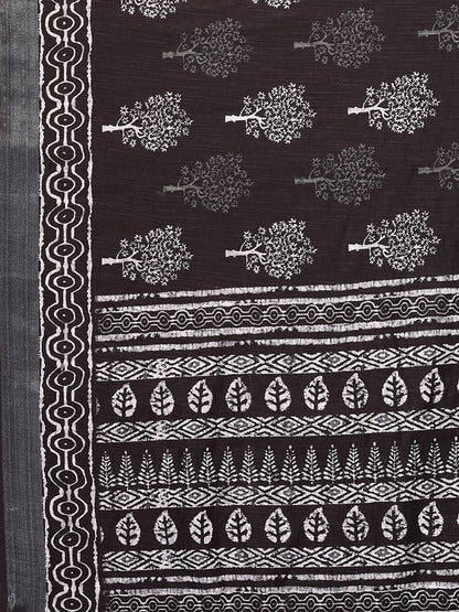 Black Linen Blend Floral Printed Daily Wear Saree with Blouse Piece