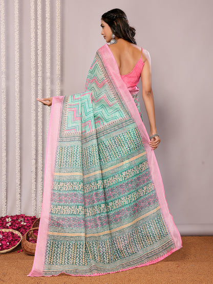 Green Linen Blend Chevron Printed Daily Wear Saree with Blouse Piece