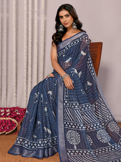 Navy Blue Linen Blend Geometric Printed Daily Wear Saree with Blouse Piece