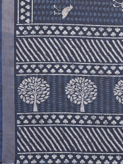 Navy Blue Linen Blend Geometric Printed Daily Wear Saree with Blouse Piece