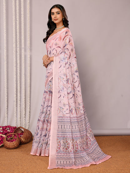 Light Pink Linen Blend Floral Printed Daily Wear Saree with Blouse Piece