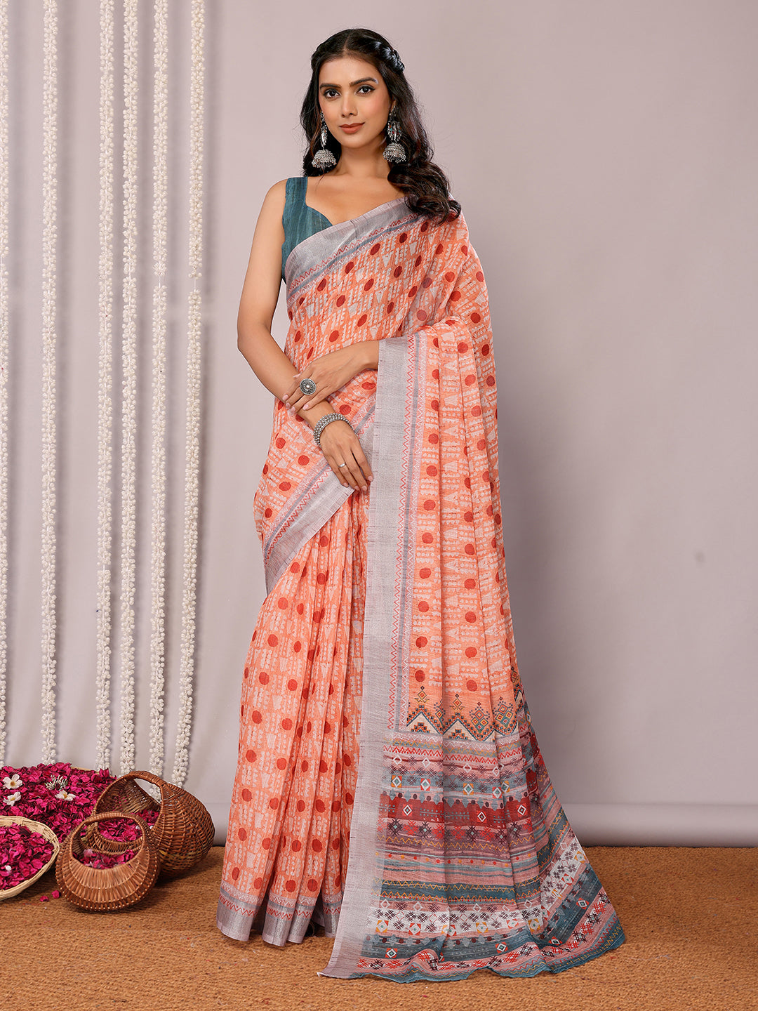 Orange Linen Blend Block Print Printed Daily Wear Saree with Blouse Piece