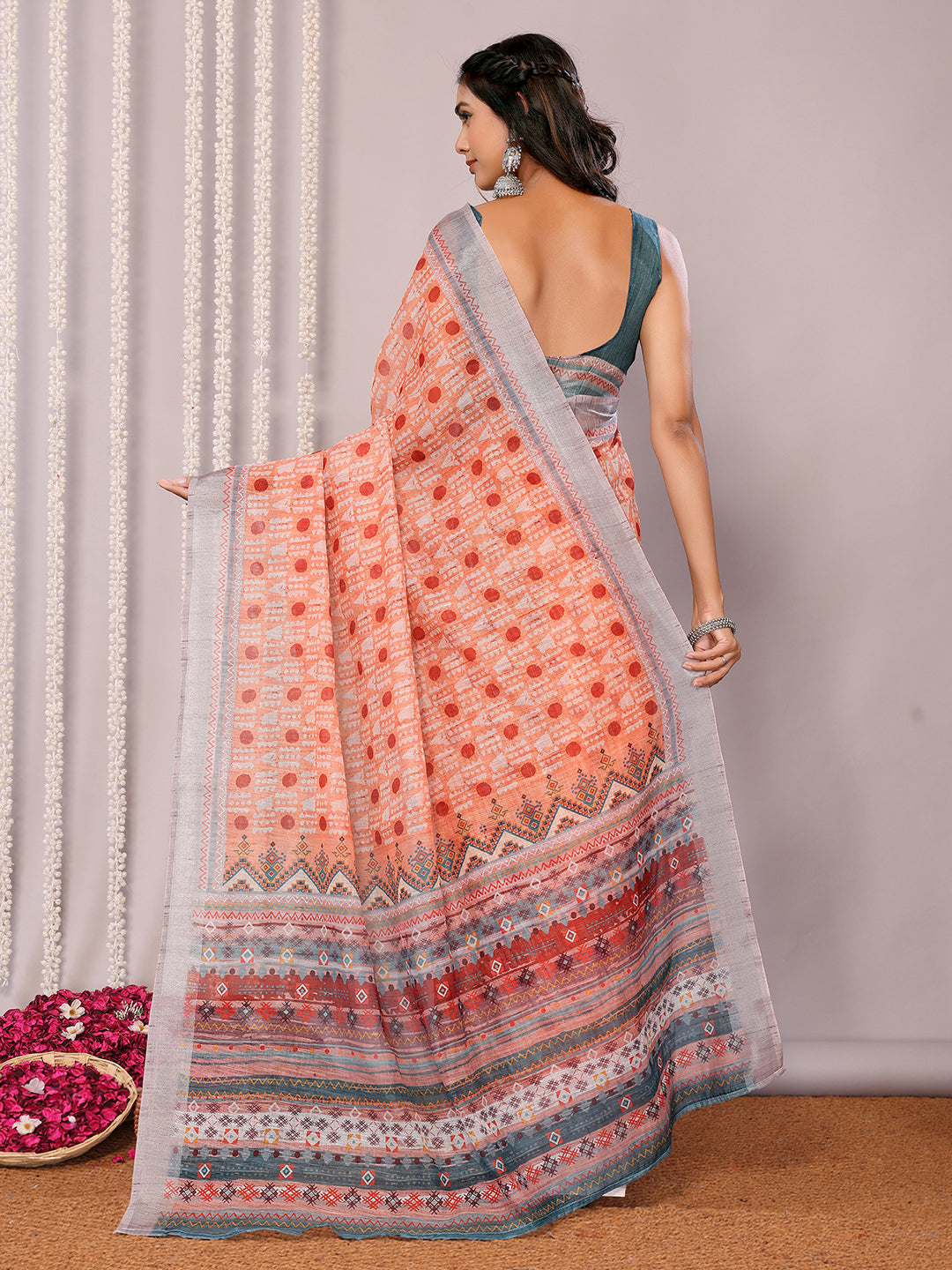 Orange Linen Blend Block Print Printed Daily Wear Saree with Blouse Piece