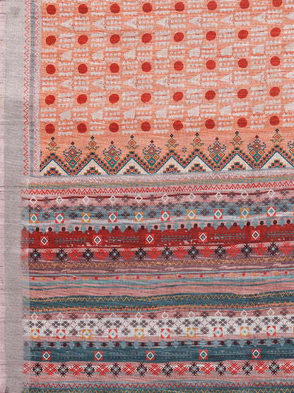 Orange Linen Blend Block Print Printed Daily Wear Saree with Blouse Piece