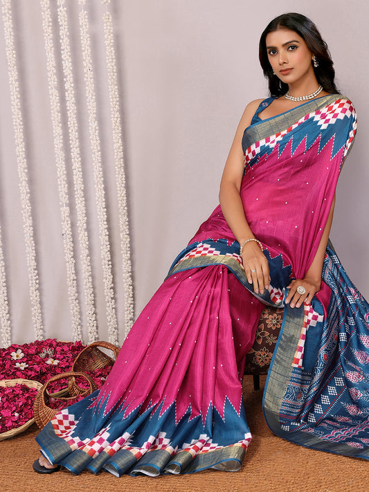 Pink & Blue Chanderi Silk Geometric Printed Saree with Blouse Piece