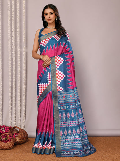 Pink & Blue Chanderi Silk Geometric Printed Saree with Blouse Piece