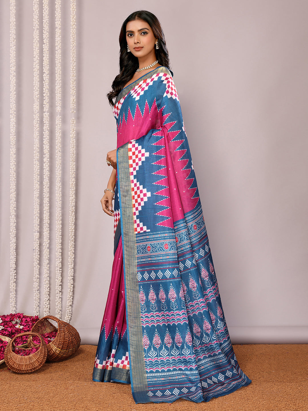 Pink & Blue Chanderi Silk Geometric Printed Saree with Blouse Piece