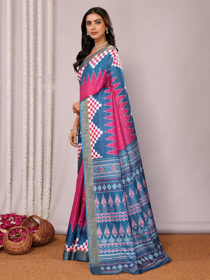 Pink & Blue Chanderi Silk Geometric Printed Saree with Blouse Piece