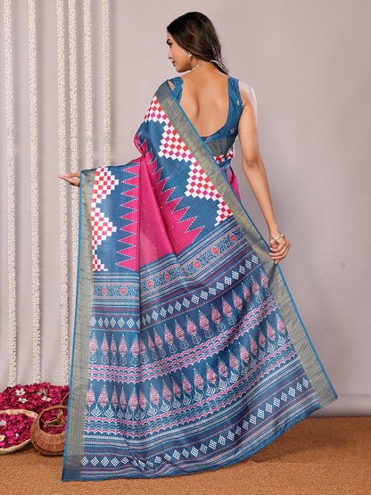 Pink & Blue Chanderi Silk Geometric Printed Saree with Blouse Piece