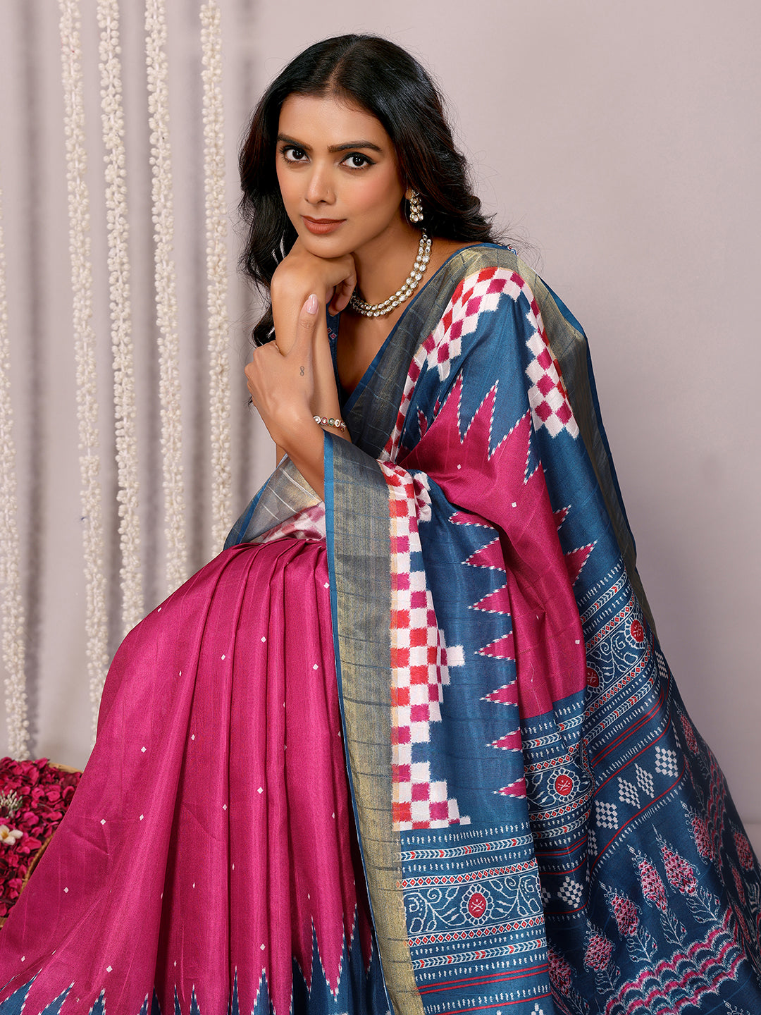Pink & Blue Chanderi Silk Geometric Printed Saree with Blouse Piece