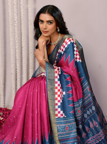 Pink & Blue Chanderi Silk Geometric Printed Saree with Blouse Piece