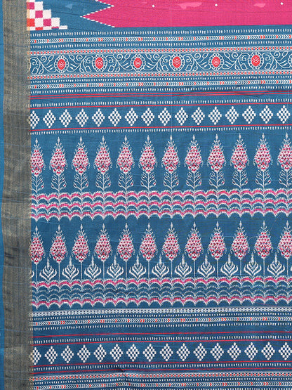 Pink & Blue Chanderi Silk Geometric Printed Saree with Blouse Piece