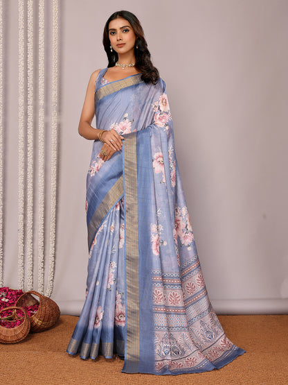 Blue Chanderi Silk Floral Printed Chanderi Saree with Blouse Piece