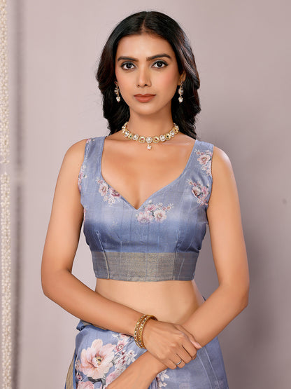Blue Chanderi Silk Floral Printed Chanderi Saree with Blouse Piece