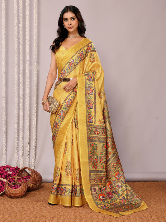 Yellow Chanderi Silk Kalamkari Printed Kalamkari Saree with Blouse Piece