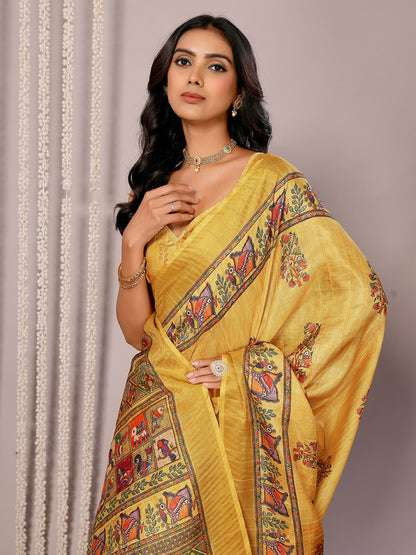 Yellow Chanderi Silk Kalamkari Printed Kalamkari Saree with Blouse Piece