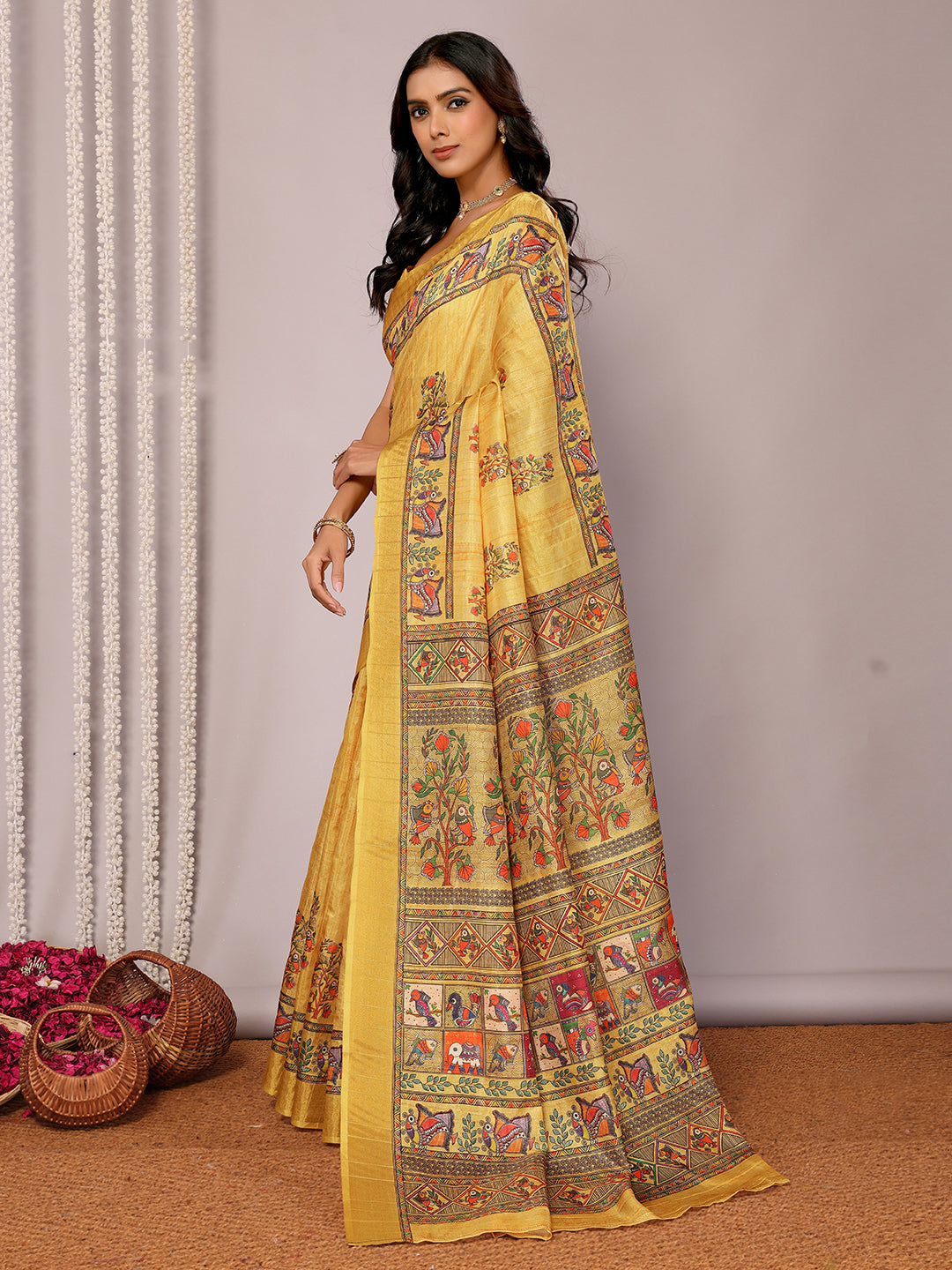 Yellow Chanderi Silk Kalamkari Printed Kalamkari Saree with Blouse Piece
