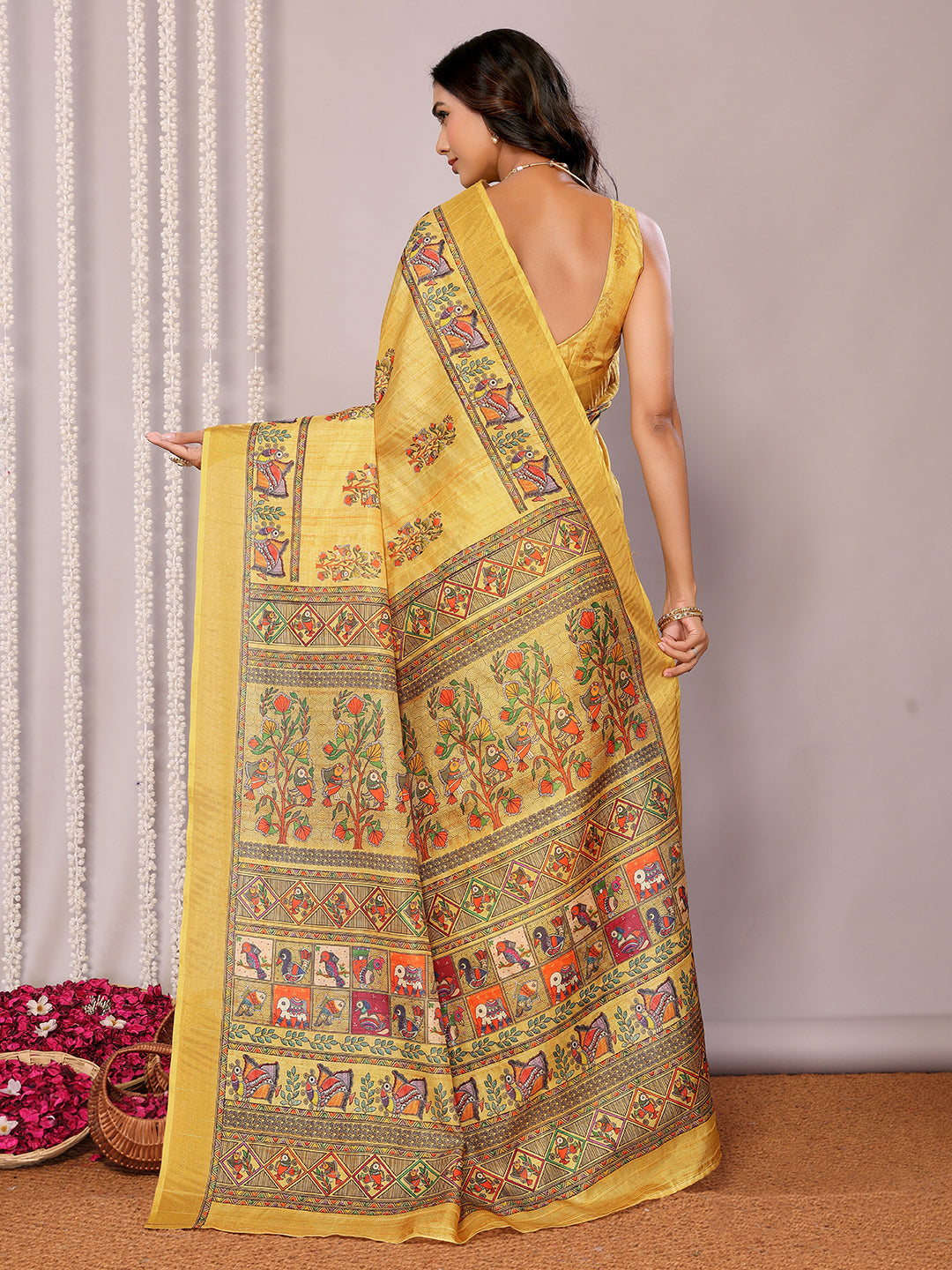 Yellow Chanderi Silk Kalamkari Printed Kalamkari Saree with Blouse Piece