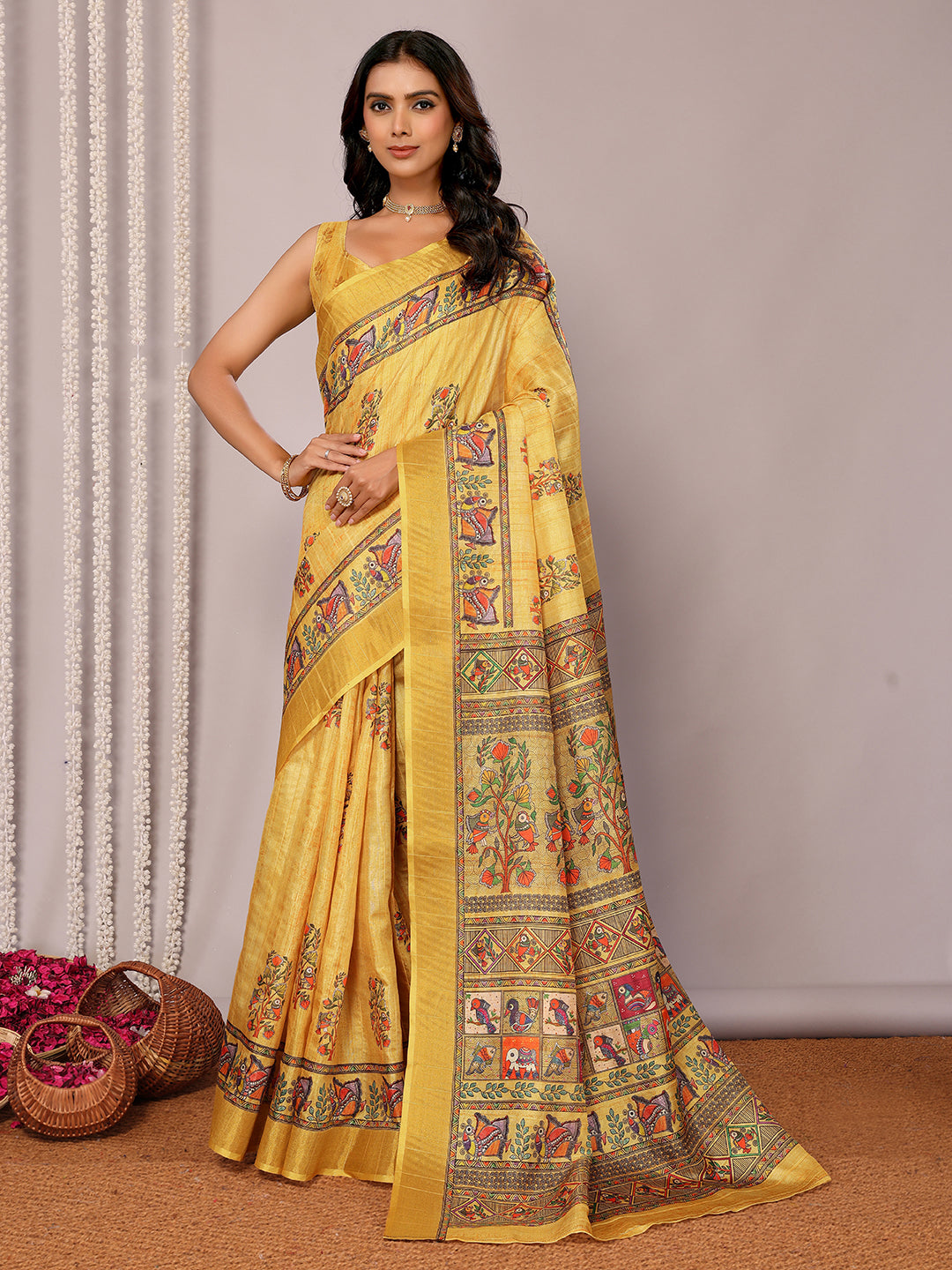 Yellow Chanderi Silk Kalamkari Printed Kalamkari Saree with Blouse Piece