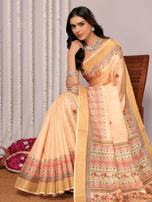 Beige Chanderi Silk Floral Printed Chanderi Saree with Blouse Piece