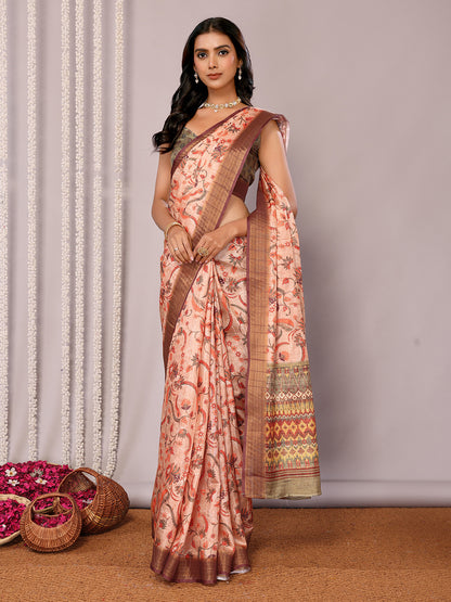 Peach Chanderi Silk Floral Printed Chanderi Saree with Blouse Piece