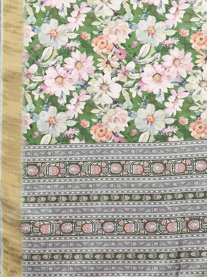 Green Chanderi Silk Floral Printed Chanderi Saree with Blouse Piece