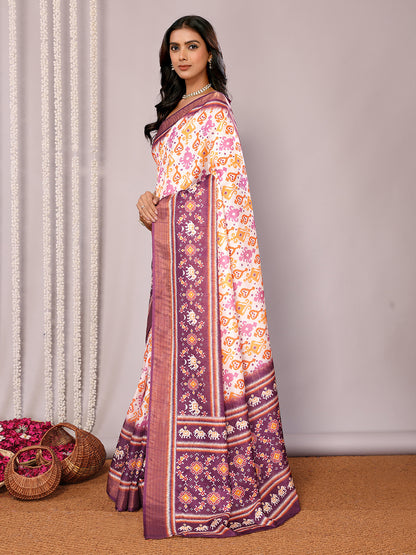 White & Purple Chanderi Silk Ikkat Printed Chanderi Saree with Blouse Piece