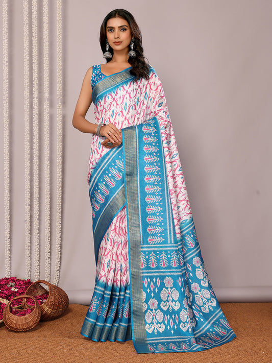 Blue Chanderi Silk Ikkat Printed Chanderi Saree with Blouse Piece