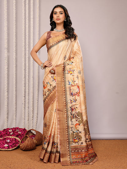Beige Chanderi Silk Warli Print Printed Chanderi Saree with Blouse Piece