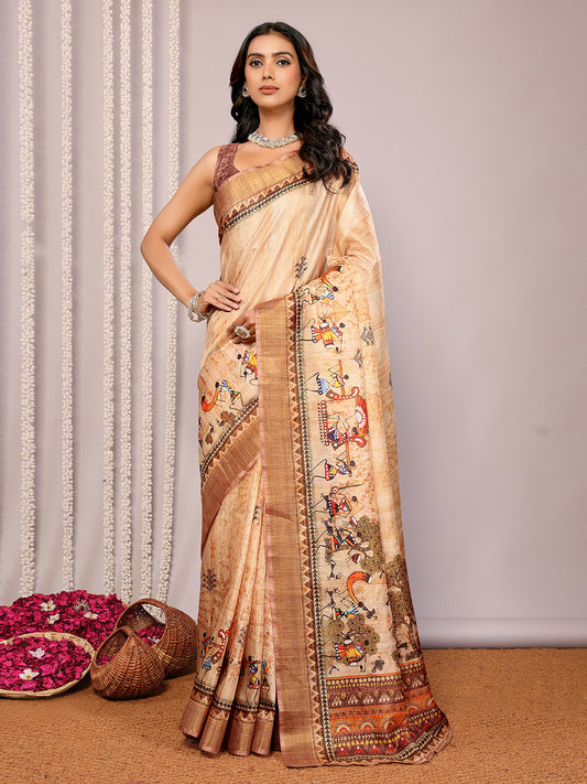 Beige Chanderi Silk Warli Print Printed Chanderi Saree with Blouse Piece