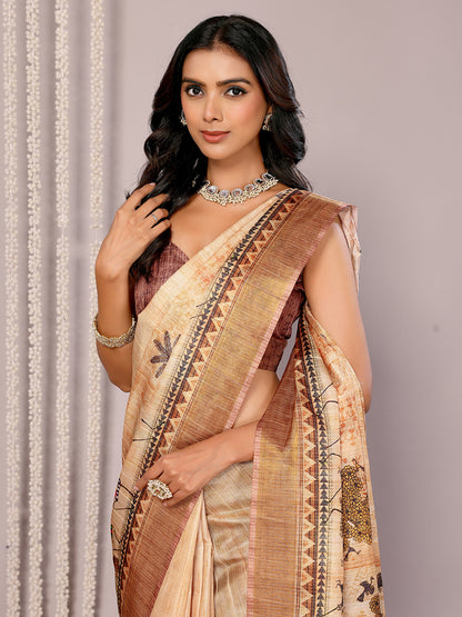Beige Chanderi Silk Warli Print Printed Chanderi Saree with Blouse Piece