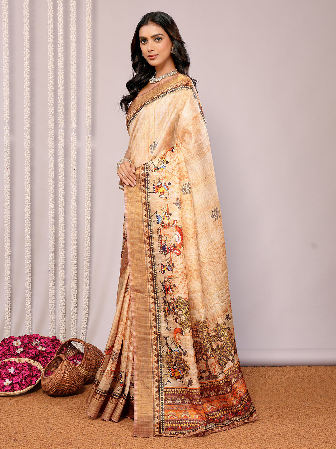 Beige Chanderi Silk Warli Print Printed Chanderi Saree with Blouse Piece
