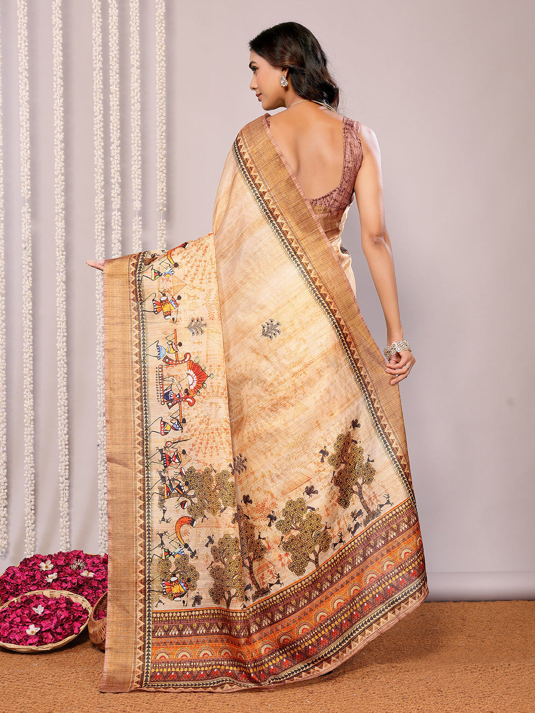 Beige Chanderi Silk Warli Print Printed Chanderi Saree with Blouse Piece
