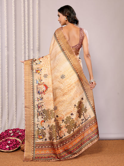 Beige Chanderi Silk Warli Print Printed Chanderi Saree with Blouse Piece