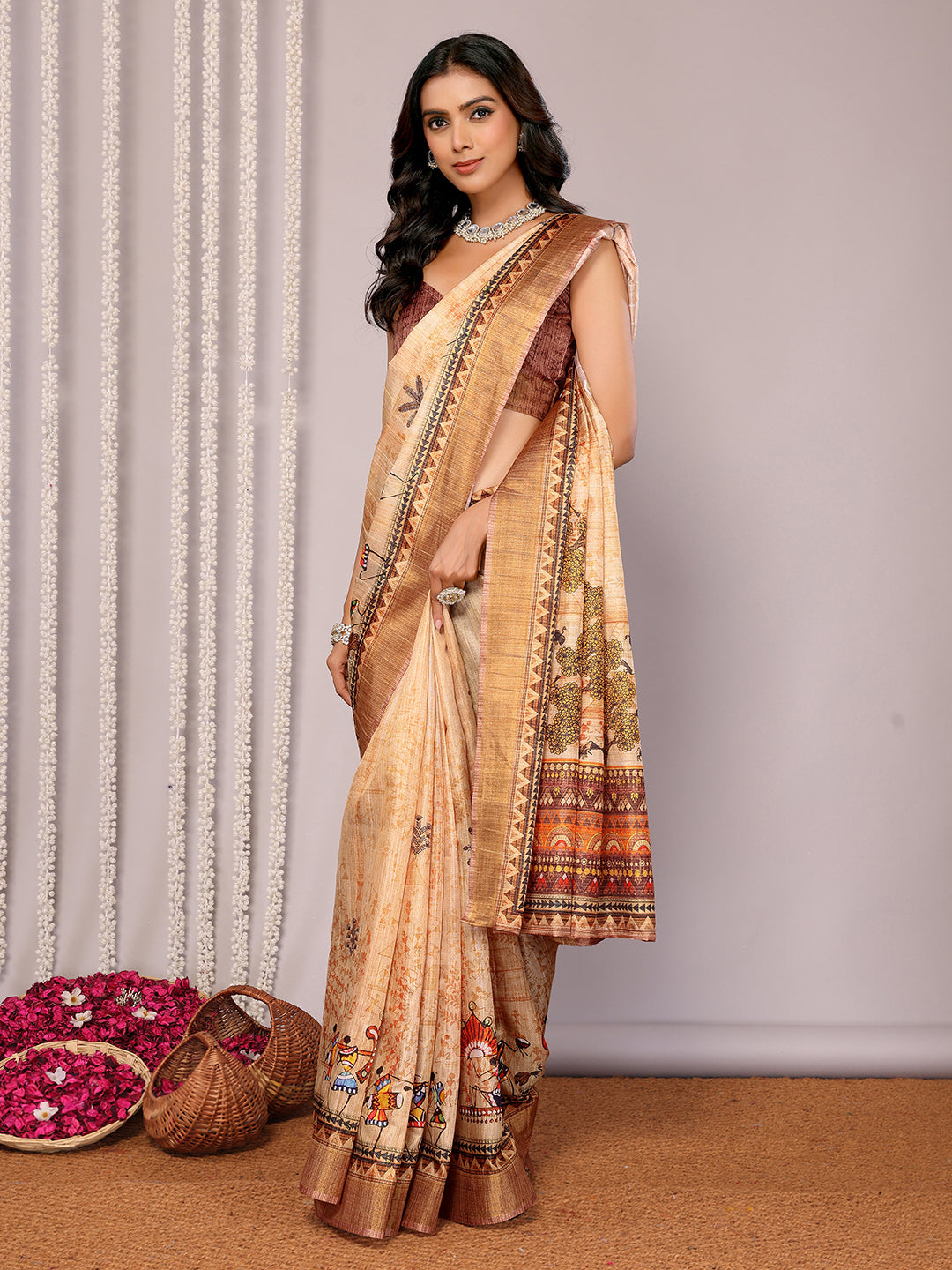 Beige Chanderi Silk Warli Print Printed Chanderi Saree with Blouse Piece